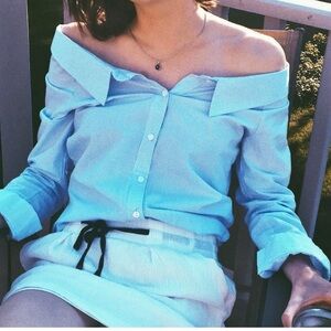 Light Blue Button-Up Shirt, off the shoulder